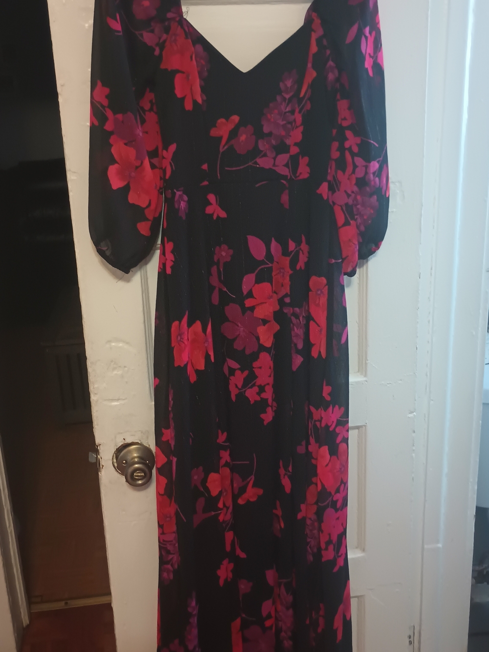 Premier Amour 2 Sleeve Floral Maxi Dress in Black Red Fuchsia